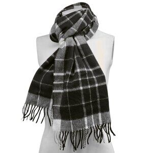 Saks Fifth Avenue Cashmere & Merino Wool Plaid Scarf 70x6.75 Neutral B&W Fringe